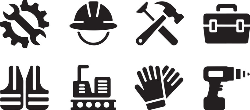 A set of black silhouette icons depicting various essential construction tools and worker safety equipment