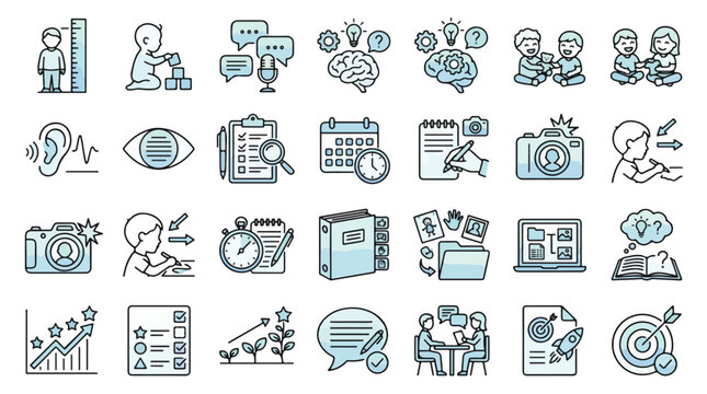 Child Development and Learning Assessment icon set in linear style. A collection of linear icons including growth, milestones, education, observation, tracking, cognitive, social, and more.