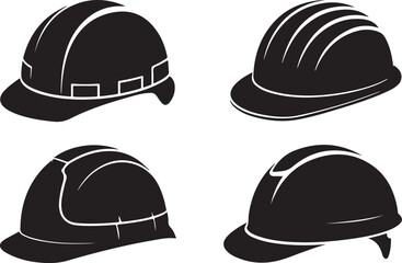 Fototapeta premium Collection of four distinct black silhouette safety helmets, each with unique features, providing head protection