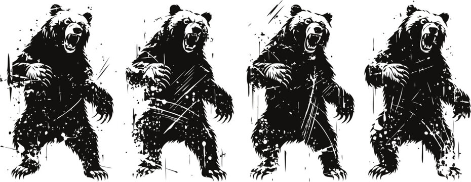 roaring bear silhouette set wild animal aggressive pose, claw marks, grizzly in attack mode nature predator illustration, wildlife concept