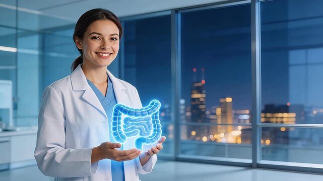 Female doctor in lab coat holding glowing 3D holographic human digestive system, modern medical technology concept, night cityscape background