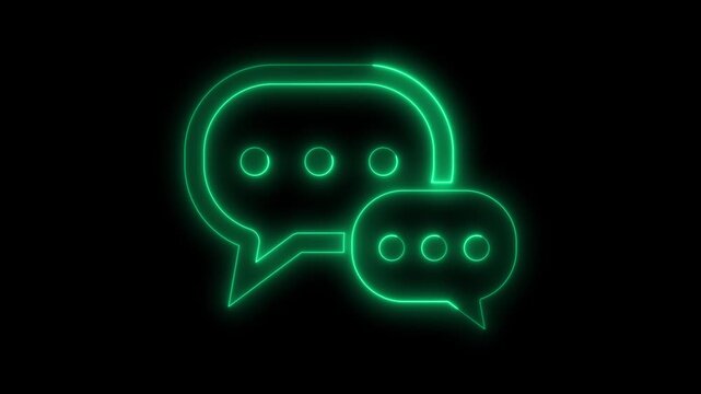 Glowing green neon animated message speech bubble icon on a black background, communication, social media, online chat, or digital conversation