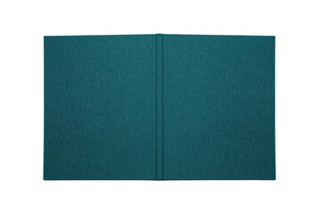 Fototapeta premium Open blank teal fabric book cover. Textured cloth notebook mockup.