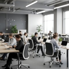 Fototapeta premium Modern open-plan office with diverse employees working on laptops
