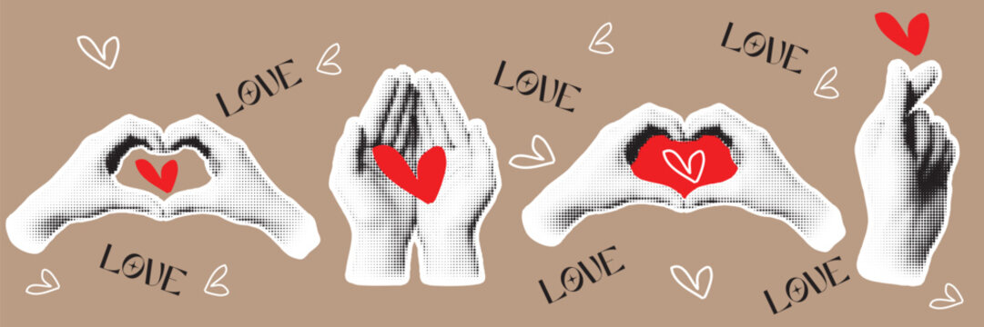 Halftone pop art dot hands heart shape fingers love gesture romantic symbol affection relationship vector illustration