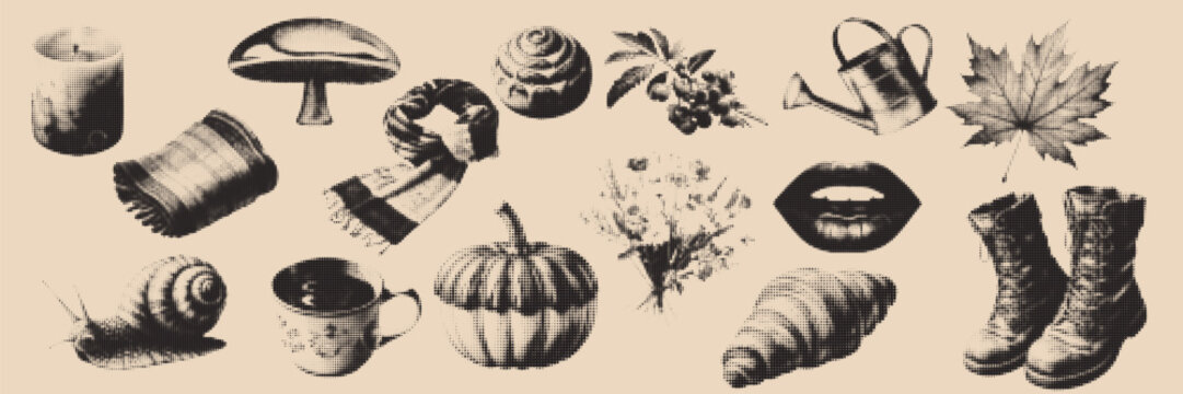 Halftone pop art dot candle mushroom cake roll croissant snail cup pumpkin leaf watering can boots food nature objects set vector illustration