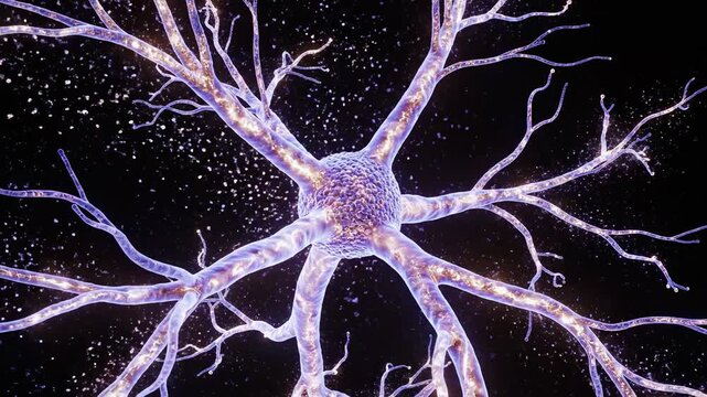 Abstract visualization of a neuron transmitting electrical impulses through its dendrites