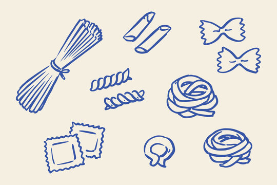Pasta elements set outline sketch vector illustration