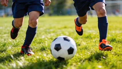 Fototapeta premium is a dynamic action shot on a soccer field, focusing on two young players in motion. The players are wearing matching dark