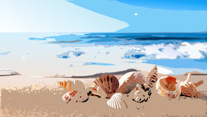 Seashells rest on a sandy beach with a vibrant blue ocean backdrop © Uttam
