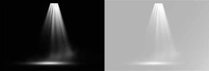 Fototapeta premium Spotlight vertical white beam with soft cone and light smoke fog for product podium presentation