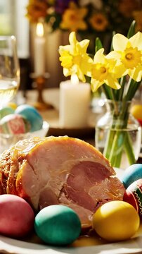 Easter Feast Springtime Table Arrangement - A decorated ham sits surrounded by colorful painted Easter eggs and spring flowers on a festive table setting.