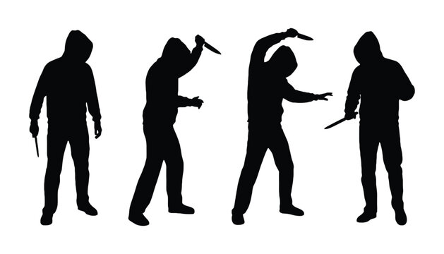 A hooded silhouette of a man with a knife in various poses