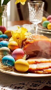 Easter Ham and Colorful Eggs Feast - A festive Easter plate features a glazed ham surrounded by a colorful arrangement of dyed eggs nestled in straw, with yellow daffodil flowers adding a springtime