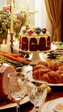 Festive Holiday Feast Table - A lavishly decorated table displays a feast of colorful dishes, including a glazed ham, cake with floral decorations, asparagus, carrots, and croissants.