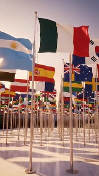 Flags of the World Display - This video shows a display of many international flags on poles against a bright sky.