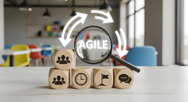 Agile Project Management Concept. Circle of Wooden Blocks with Team, Clock, Milestone and Communication Icons. Magnifying Glass with Glowing AGILE Text and Circular Loop Arrows in Co working Space