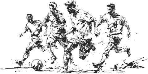 Fototapeta premium Dynamic black and white sketch of soccer players competing for the ball action game illustration