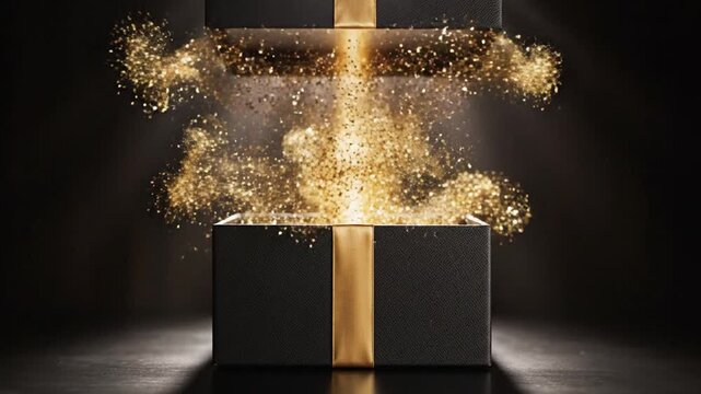 Luxury Black Gift Box Opening with Golden Light Celebration Loop, Black gift box with golden sparkling particles exploding out