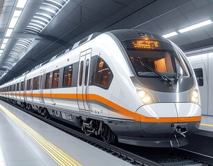 Fototapeta premium Modern high-speed commuter train gracefully arriving at a brightly lit underground station platform, symbolizing efficient urban transport and future travel