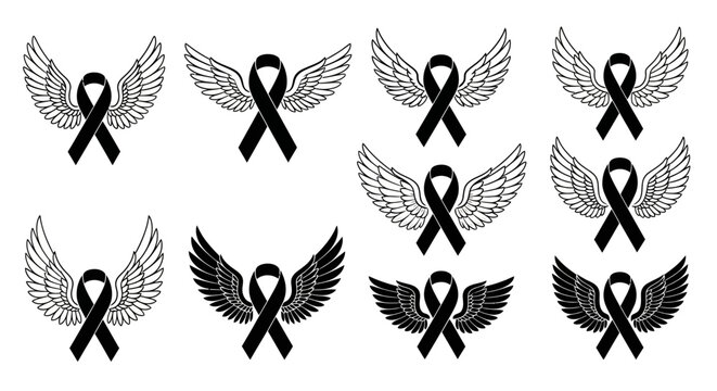 Black Awareness Ribbons with Wings Symbol.