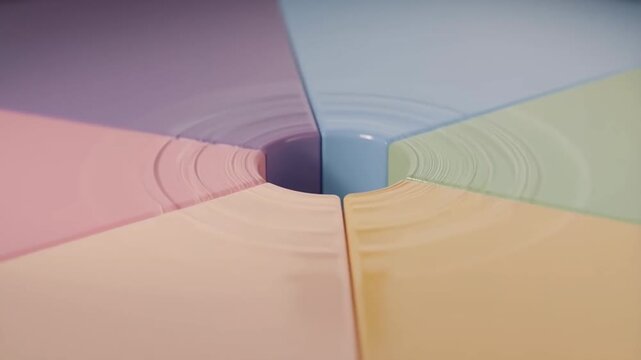 Abstract pastel geometric structure with symmetrical pie segments forming a central hexagonal tunnel, smooth zoom-in, reflective surfaces, and soft lighting