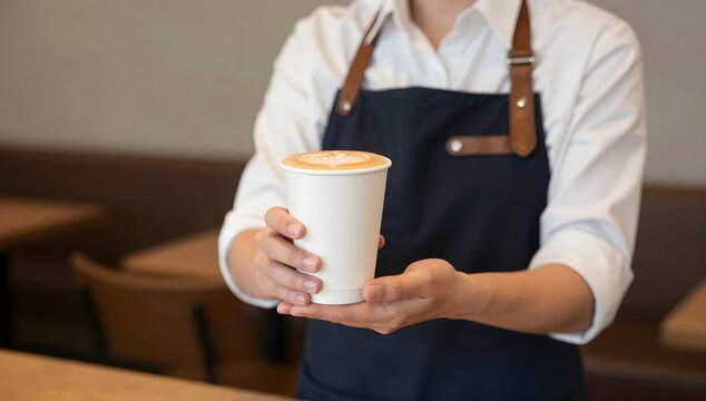 Barista presents a paper cup of latte art coffee in a warm, inviting cafe environment
