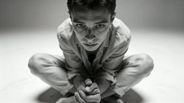 Man crouching in various poses on monochromatic background