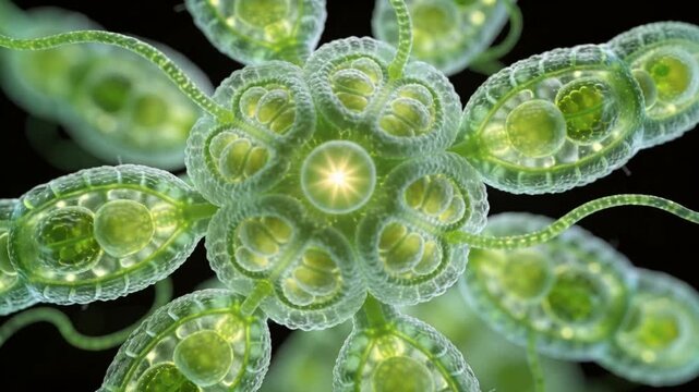 Microscopic view of green algae colonies