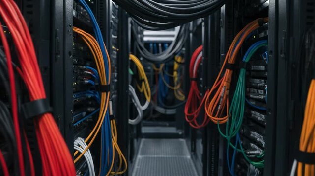 Medium shot showcasing a meetme rooms dense cabling with brightly colorcoded jumpers in sharp focus contrasted by outoffocus adjacent racks.