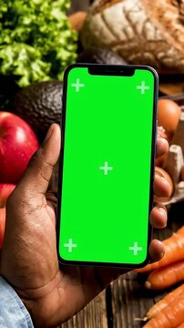 Mobile Grocery App Order with Green Screen - Close up of a hand holding a smartphone with a green screen display, set against a background of fresh grocery items.