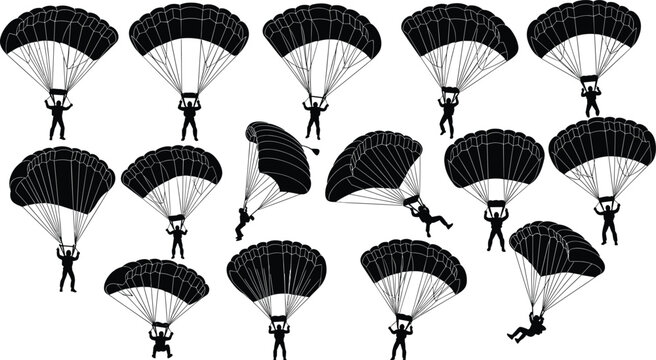 Large set of skydiver silhouettes with parachutes jumping and flying in sky for extreme sports adventure and outdoor activity designs.
