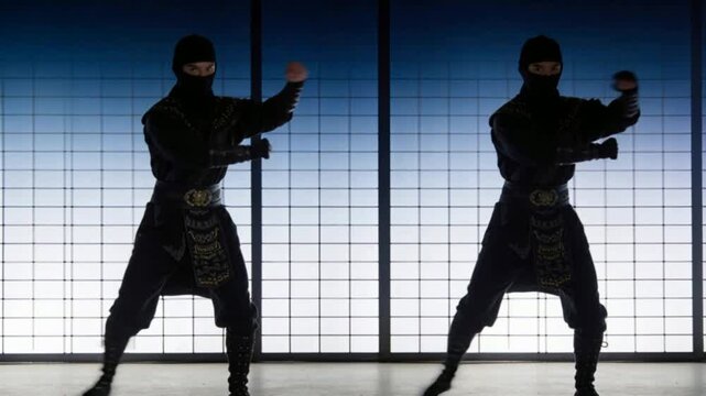 Ninja warrior performing various martial arts poses and movements