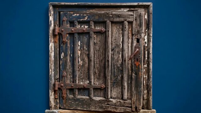 Old wooden door with rusty hinges and latch