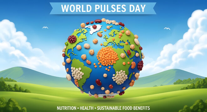 World map made of colorful pulses and legumes celebrating nutrition and sustainable food on World Pulses Day with green fields and blue sky