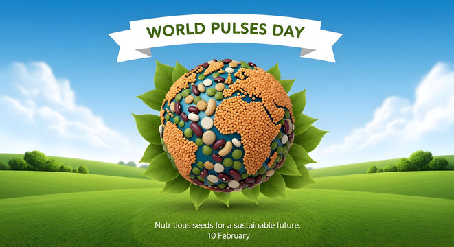World Pulses Day heart shaped globe with colorful beans on green field under blue sky celebration banner