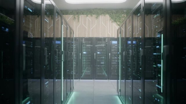 Sharpfocused image of search portal servers emphasizing ecofriendly architecture with subtle LED light reflections and a blurred environment to enhance depth and innovation.