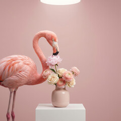 Naklejka premium Elegant pink flamingo with vibrant plumage gently smelling a delicate bouquet of light pink and cream ranunculus flowers in a small ceramic vase, standing on a clean white pedestal against a