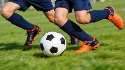Obraz premium is a dynamic action shot on a soccer field, focusing on two young players in motion. The players are wearing matching dark blue soccer uniforms