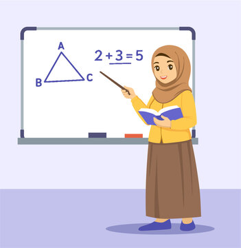 Muslim Teacher Woman Wearing Hijab Teaching Math on Whiteboard Illustration.