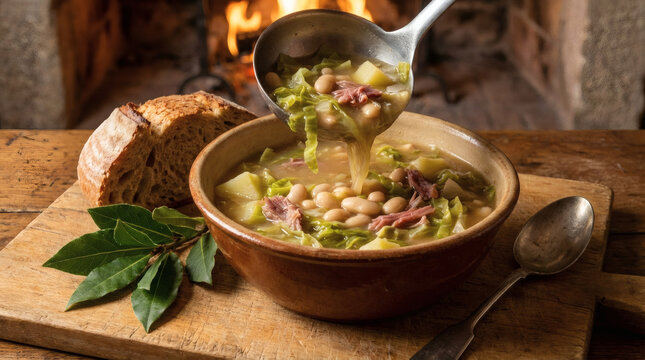 Thick Garbure Soup in Rustic Bowl with Ham and Herbs