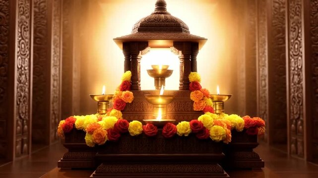 Navaratri product display background podium, Sacred Goddess Shrine, wooden, gold, altar of Goddess Durga, red and yellow flowers, incense, sacred scriptures, golden aura, deity&rsquo;s image, divine