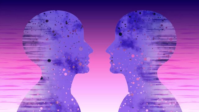 Two head silhouettes with cosmic vortex swirling . Motion Design on the Theme of Relationships, Mental Health, Inner Cosmos, Spiritual Connection