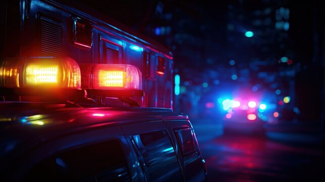 Close up of emergency vehicle light bar flashing red and blue on city street at night with blurred ambulance in background