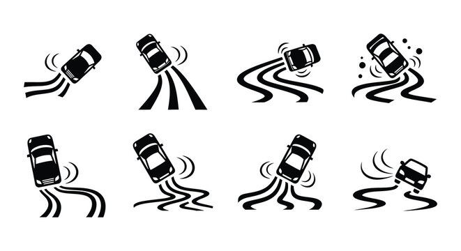 Stylized illustration depicting cars skidding and losing control on roads