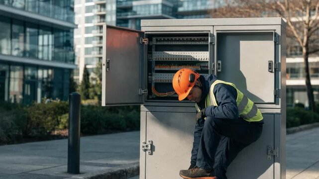 Worker securing telecom fiber backhaul cabinet in a business park setting cabinet panels crisp surrounding office buildings and landscaping gently blurred.