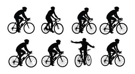 Obraz premium Silhouettes of cyclists in various riding positions and a celebratory pose