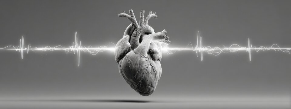 Heart with sound waves showing the rhythm of life captured in black and white design