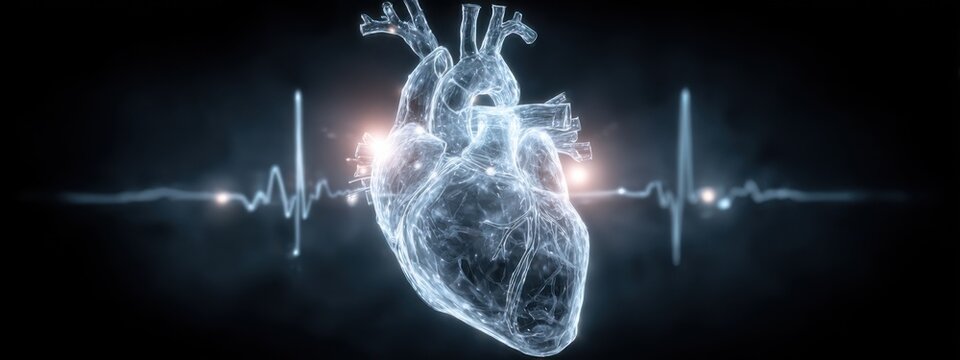 Heart model shows details of human anatomy with pulse line in background and glowing design elements in dark setting