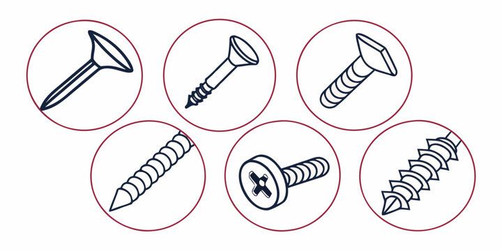 Various types of screws and bolts with detailed illustrations